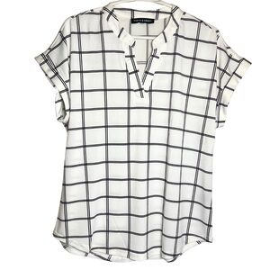 Plaid Blouse — Large — Off White w/ Black Plaid — Cuffed Sleeves, Scoop Hem